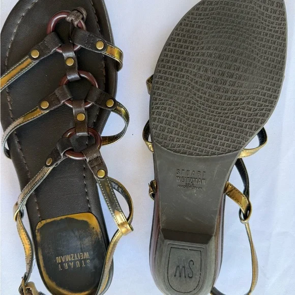 Stuart Weitzman Black and Gold Strappy Sandals - Picture 2 of 2